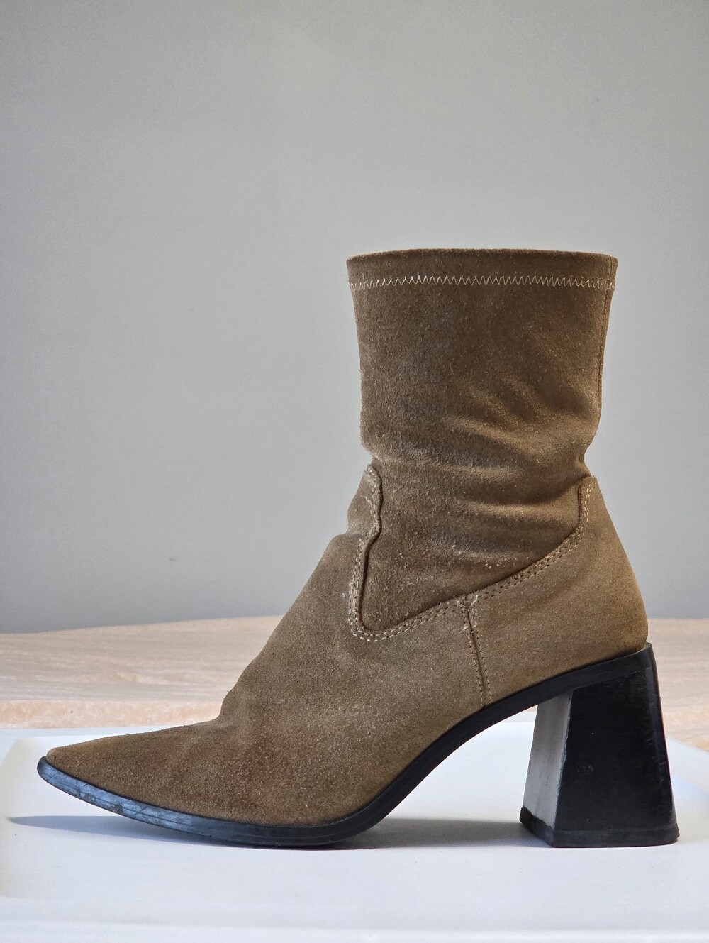Zara Tan👢Suede Pointed Toe Retro Block Heel Ankle Sock Boots Sz 37/6.5-7